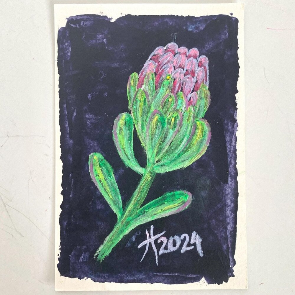 Pink Protea Original Oil Pastel Painting Matted 8x10in Frame Ready Wall Art